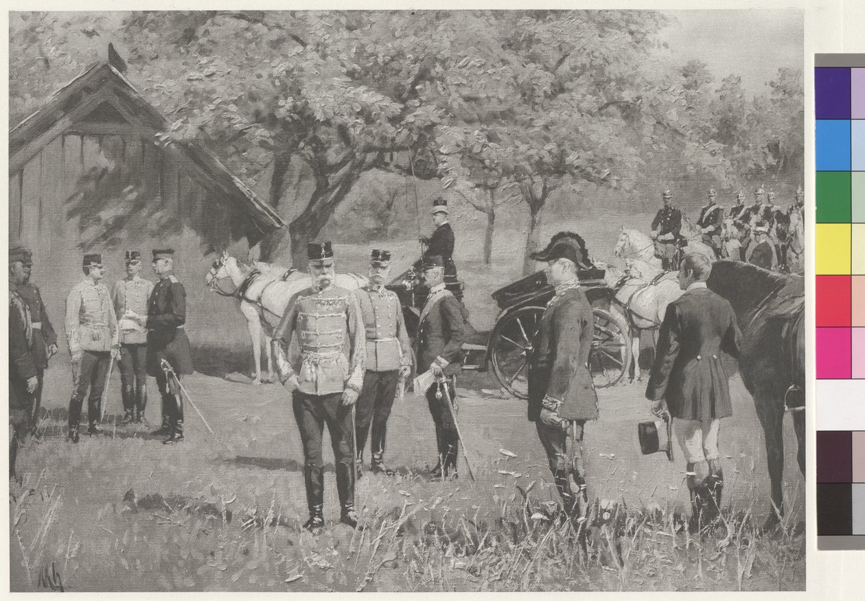 El emperador Francisco José I y el emperador Guillermo II en la Rendezvousplatz (Plaza de la Cita) de Totis de Joseph Walter