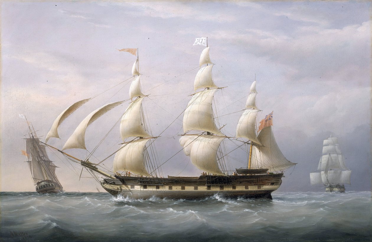 El buque "Britannia" de la Compañía de las Indias Orientales, visto desde tres ángulos, ha regresado de Barbados. Óleo sobre lienzo de Joseph Walter