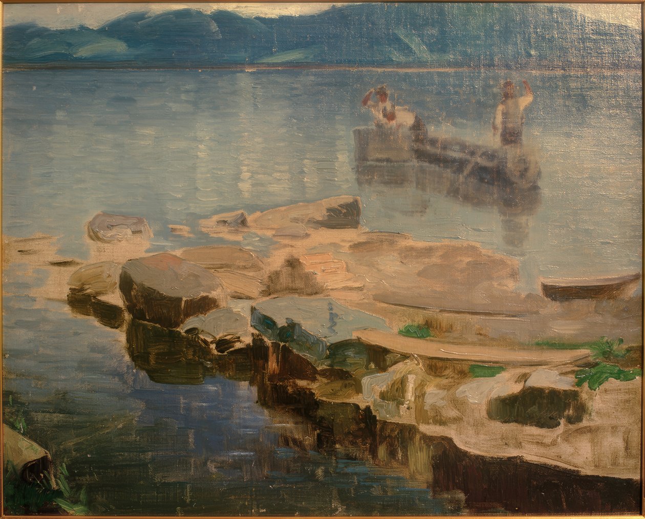 Lengua de roca en el Eibsee con pescadores de Joseph Wopfner