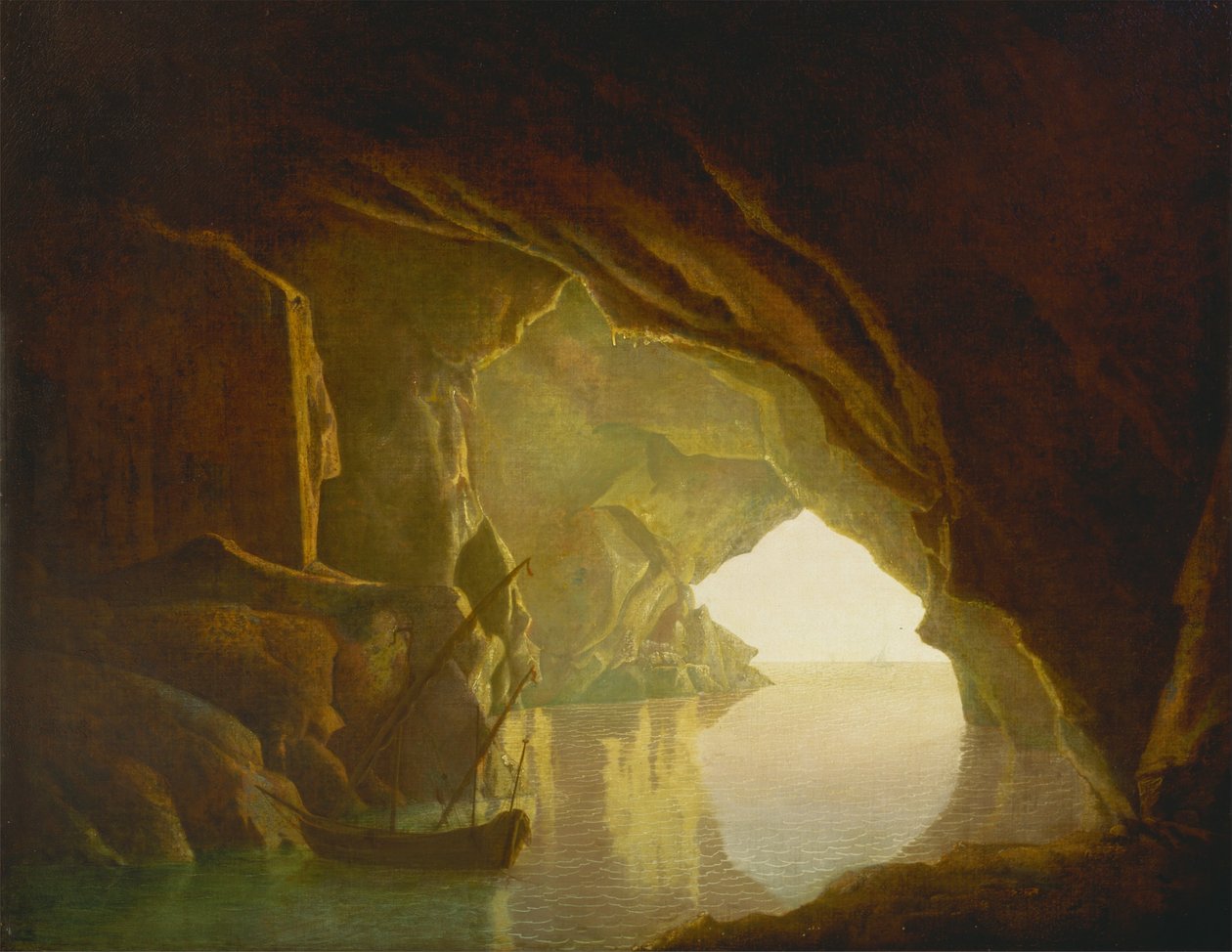 Una gruta en el Golfo de Salerno, puesta de sol de Joseph Wright of Derby