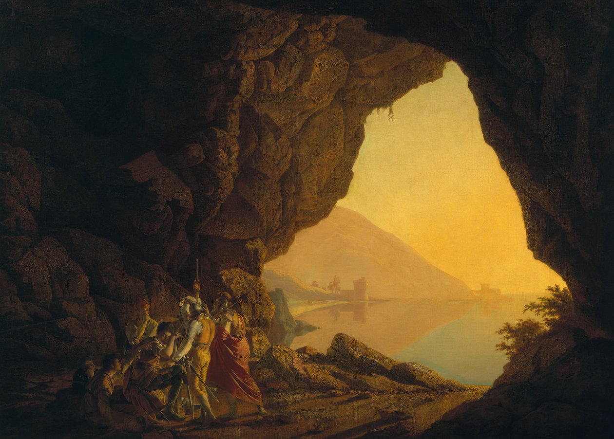 Una gruta en el Reino de Nápoles, con bandidos, exh. 1778 de Joseph Wright of Derby