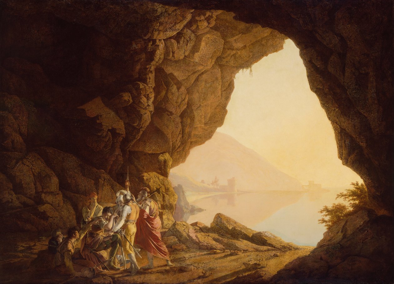Gruta junto al mar en el Reino de Nápoles con Banditti, puesta de sol de Joseph Wright of Derby