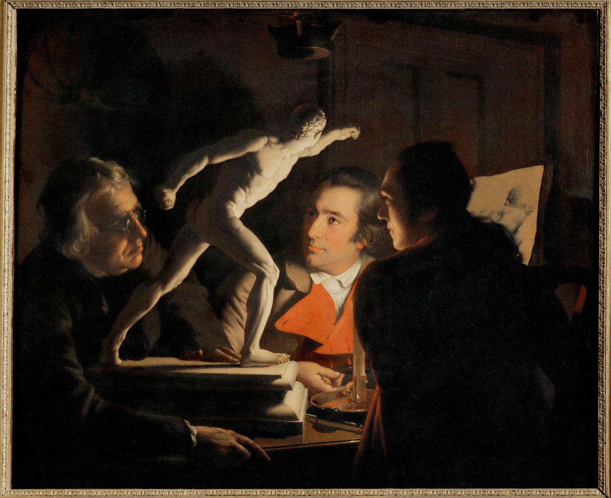 A la luz de una vela, tres hombres estudian un pequeño ... (pintura sobre lienzo) de Joseph Wright of Derby
