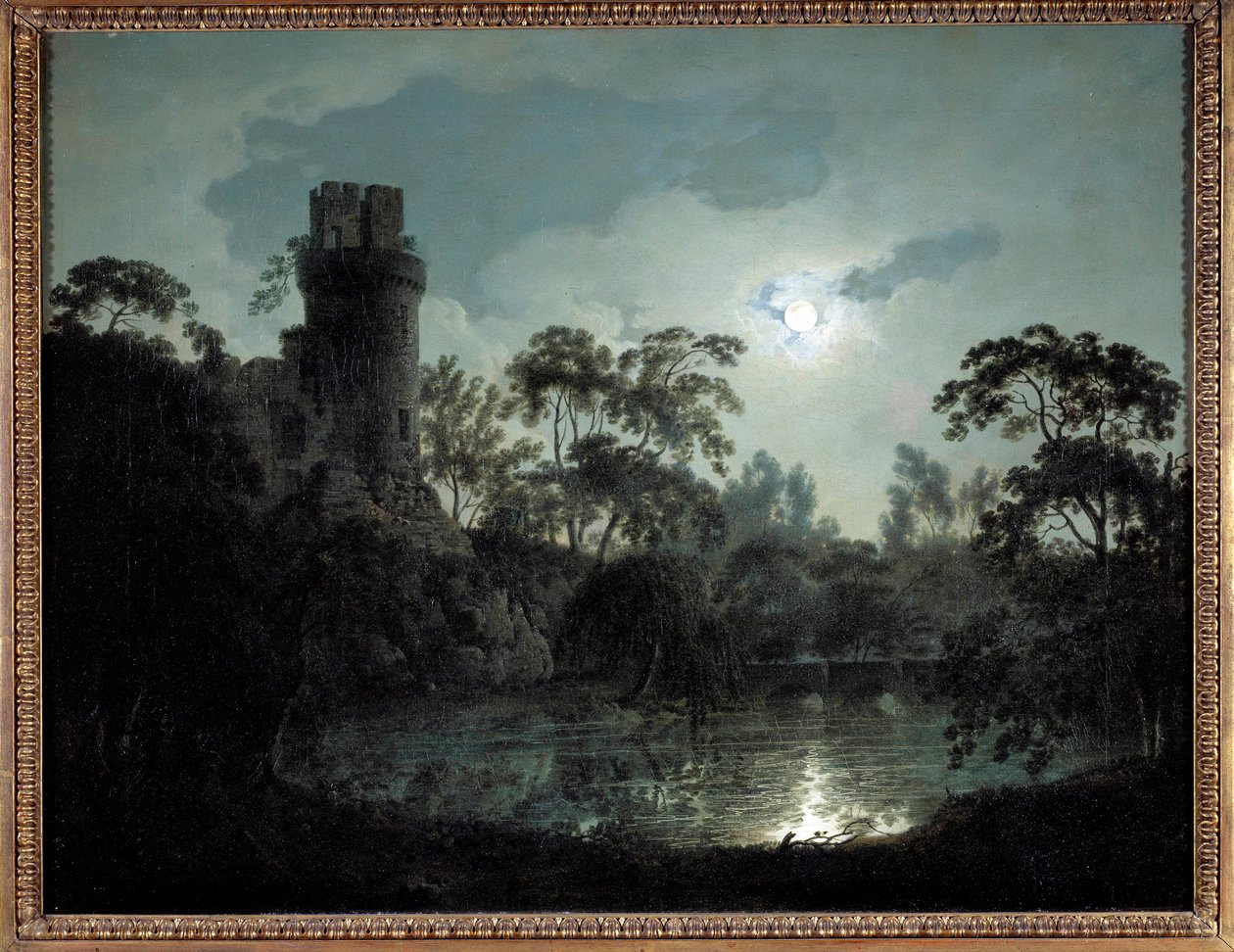 Luz de luna con lago y castillo de Joseph Wright of Derby