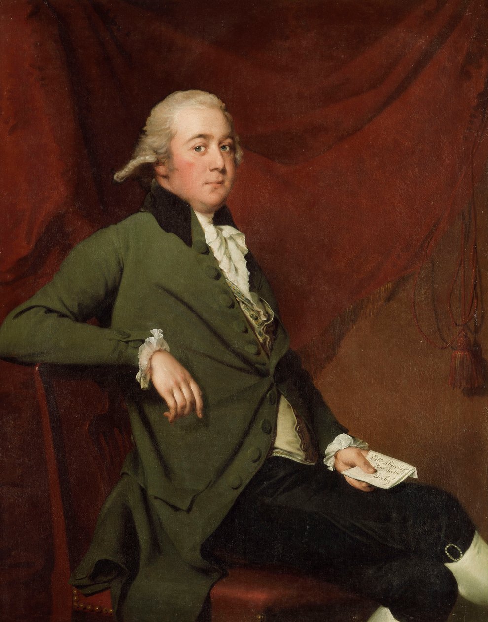 Retrato de Edward Abney, sentado de tres cuartos de longitud, en un Abrigo Verde, Sosteniendo una Carta contra una Cortina Roja, Finales de 1780s de Joseph Wright of Derby