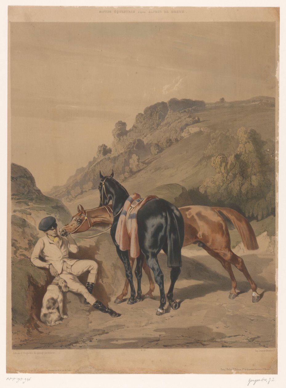 Dos caballos con jinete en reposo en un paisaje
Caballos según Alfred de Dreux (título de la serie)
Motifs équestres d