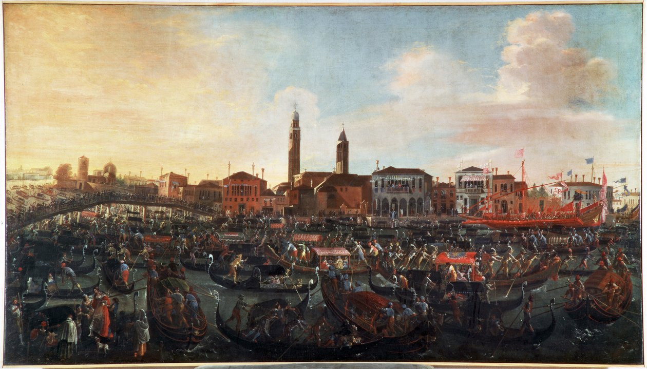Fiesta del fresco en el día de la ascensión en Murano, Venecia. Abadía de San Cipriano a la derecha y la iglesia de Santo Stefano en el centro, hoy desaparecida. Pintura de Jo de Joseph the younger Heintz