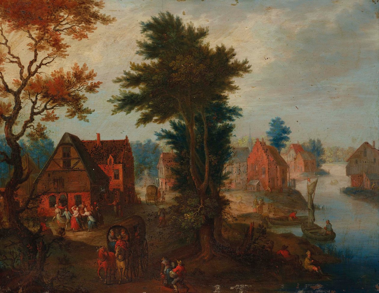 Paisaje fluvial con barcas y carruajes junto a un pueblo de Joseph van Bredael