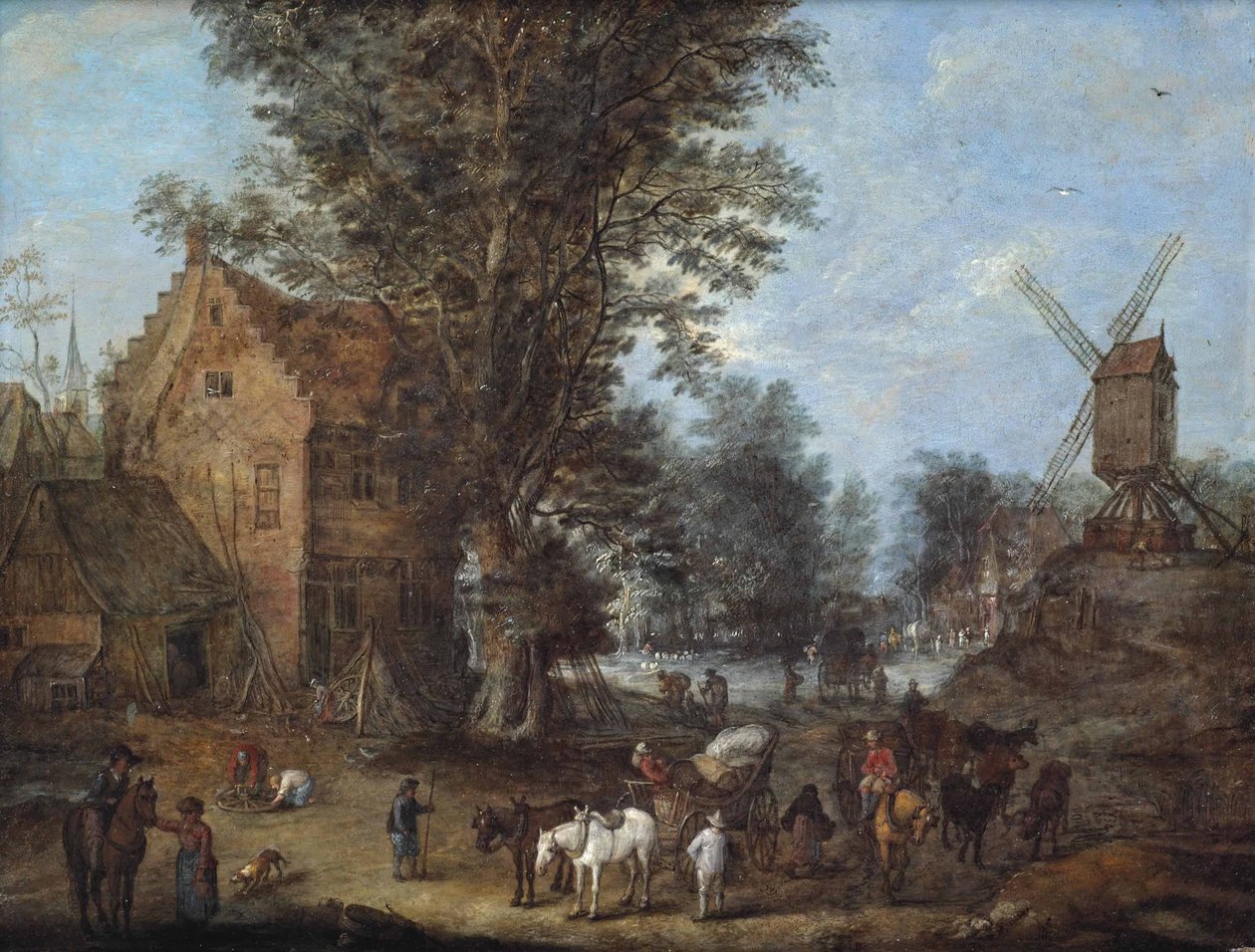 Una escena de pueblo con viajeros y carreteros y otras numerosas figuras en sus actividades cotidianas. de Joseph van Bredael