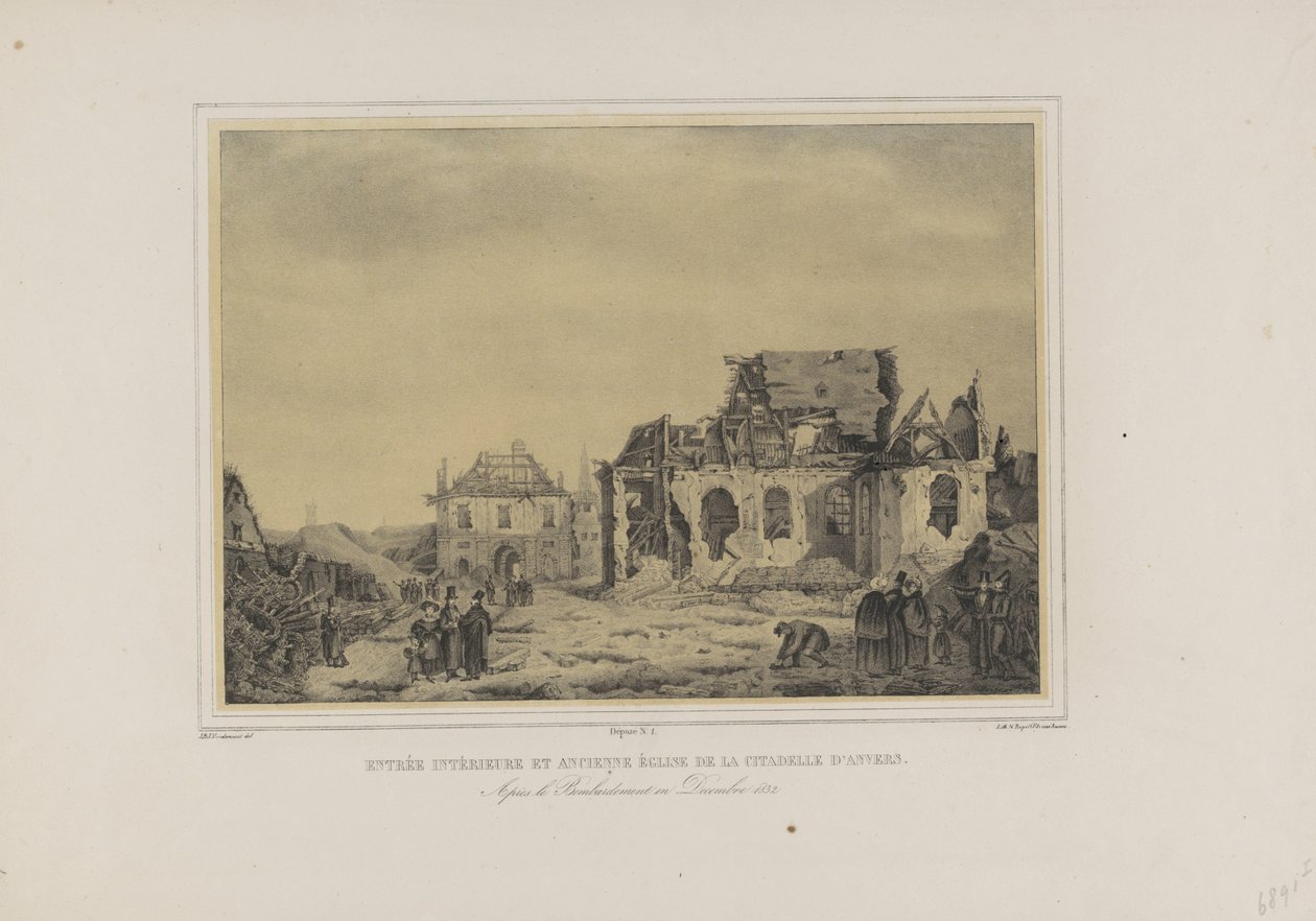 Poort en kerk in de Citadel van Antwerpen, 1832
Entrada interior y antigua iglesia de la Ciudadela de Amberes. Después del bombardeo de diciembre de 1832 (título en el objeto)
Álbum de siete vistas del interior de la Ciudadela de Amberes (título de la se de Joseph van den Nest