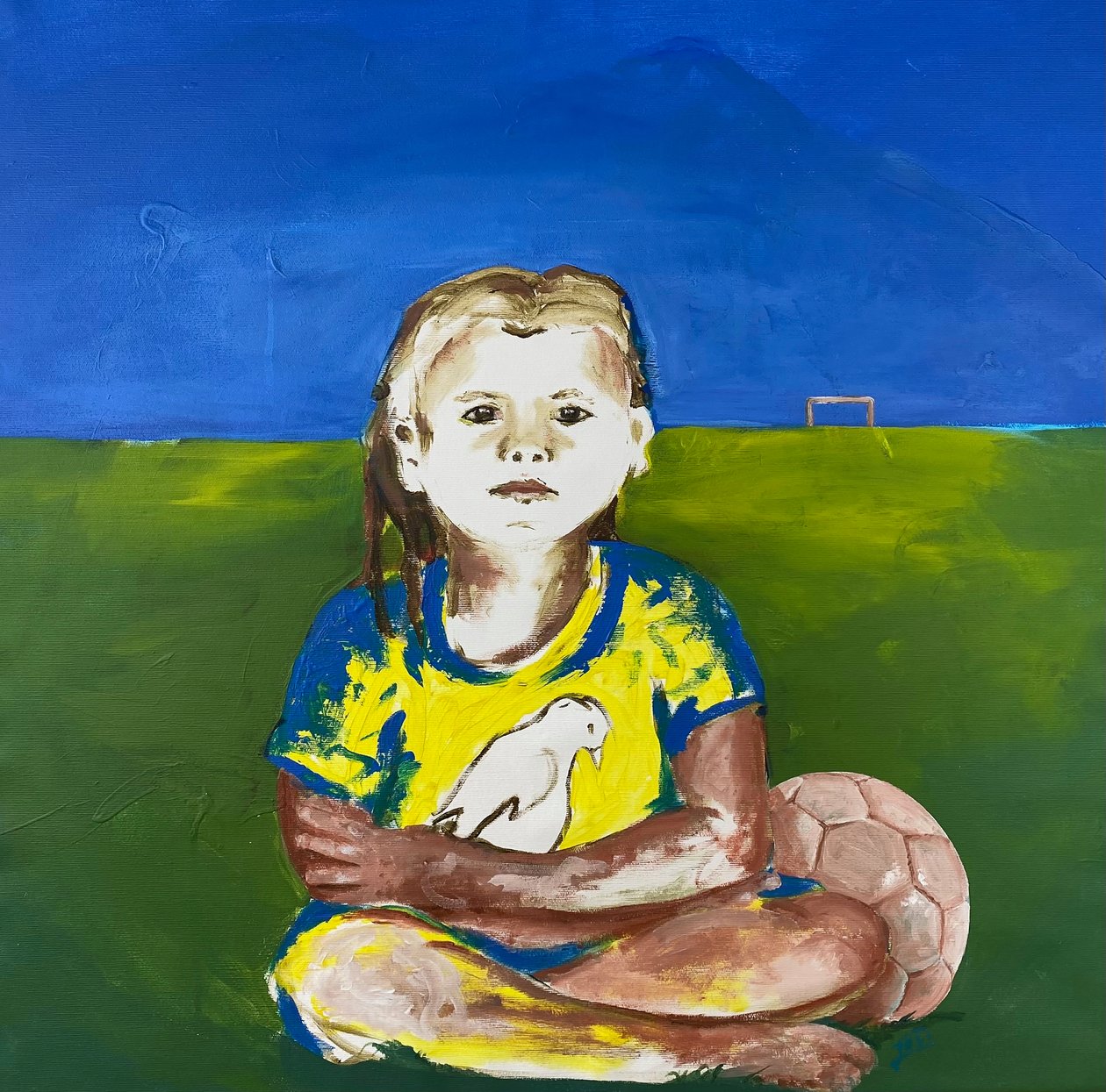 Mädchen mit Taube (Niña con paloma), 2022 (pintura acrílica sobre lienzo) de Josephine Henning