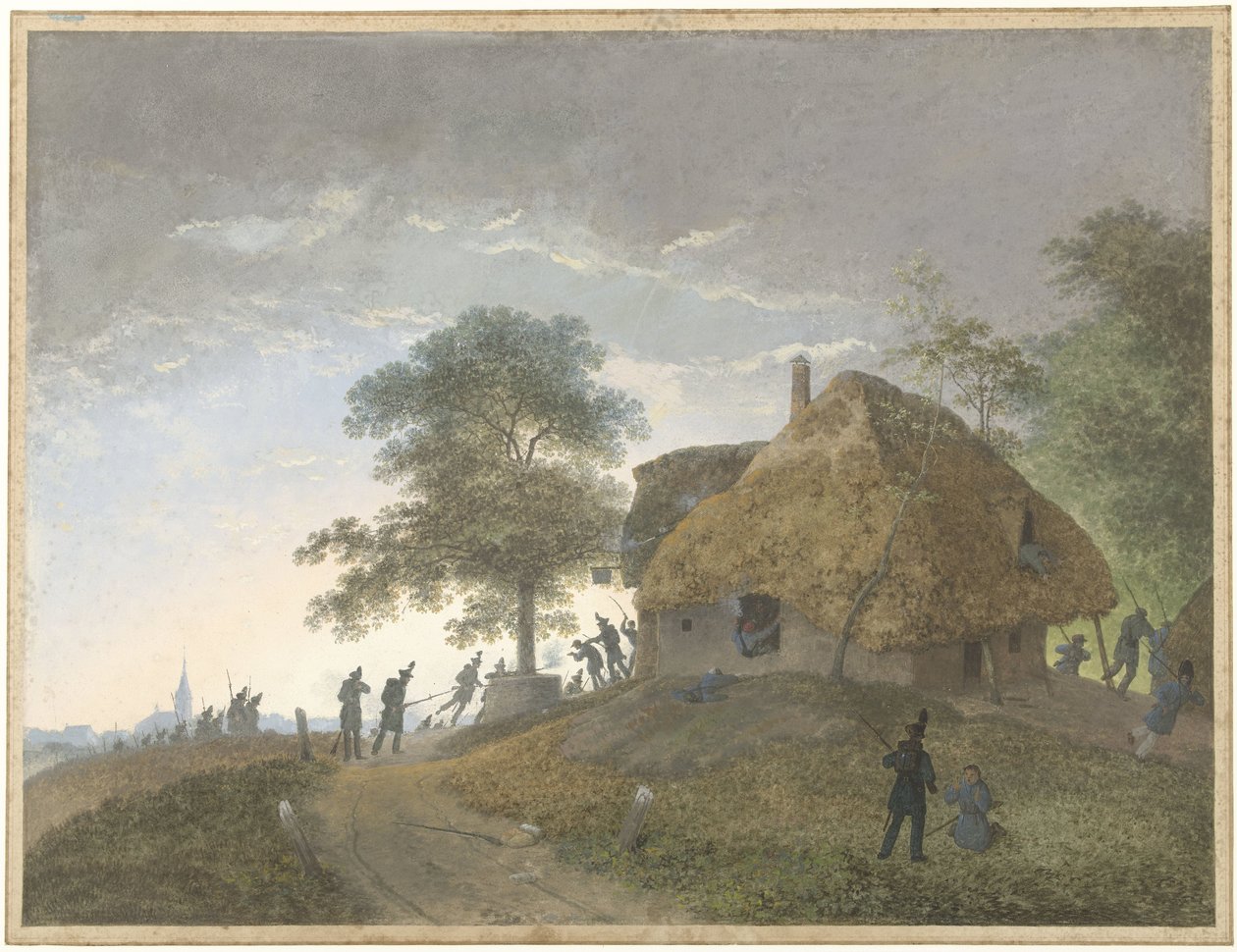 Pelea en una posada o casa con techo de paja en una ladera de Josephus Augustus Knip