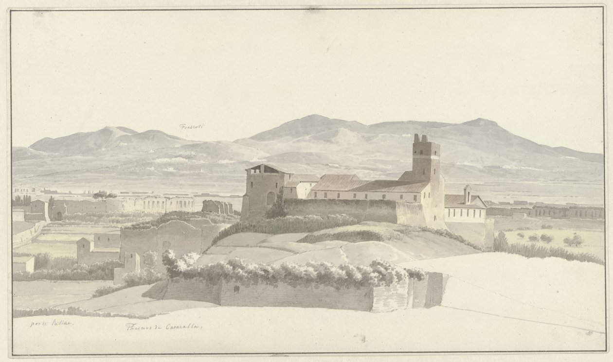 Las Termas de Caracalla en Roma, con Frascati en la distancia
Las Termas de Caracalla en Roma, con la Puerta Latina y Frascati a la vista de Josephus Augustus Knip