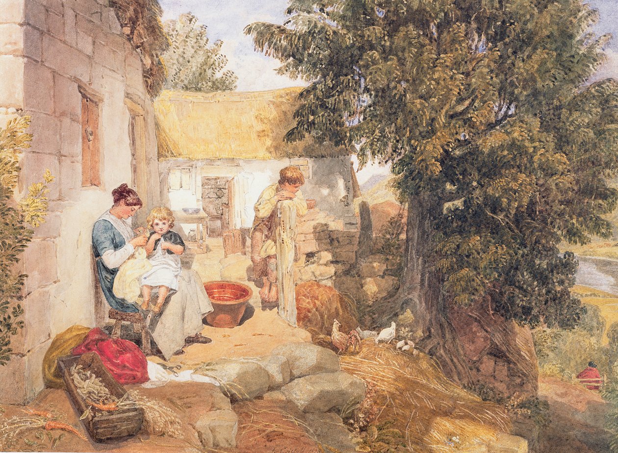 Cabañas cerca de Symonds Yat con figuras campestres, 1825 de Joshua Cristall