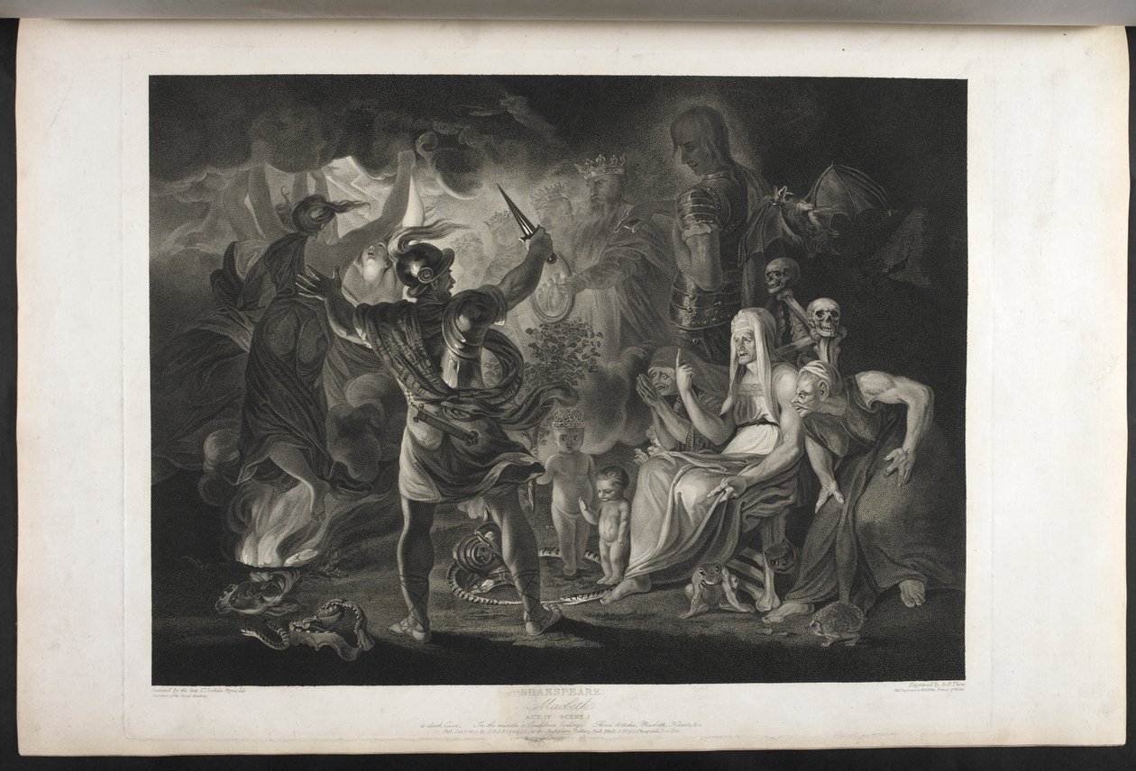 Macbeth.
Acto IV. Escena I.
Una cueva oscura. En el centro un caldero hirviendo. Tres brujas. Macbeth. Hécate.
Macbeth se enfrenta a las brujas y a las apariciones; a sus pies, dentro de una serpiente enroscada, hay un niño pequeño ensangrentado y un ni de Joshua (after) Reynolds
