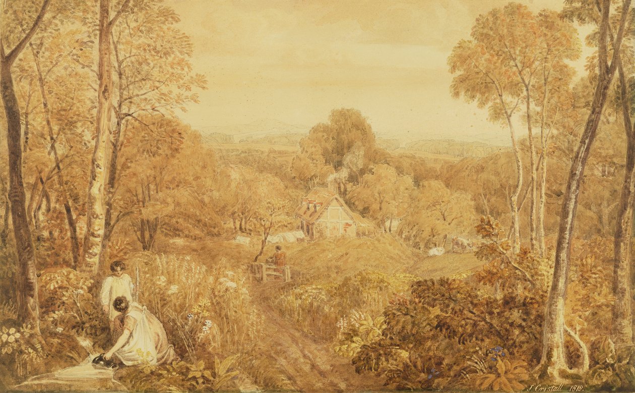 Paisaje boscoso con cabañas y campesinas, Hurley, Berks, 1818 de Joshua Cristall