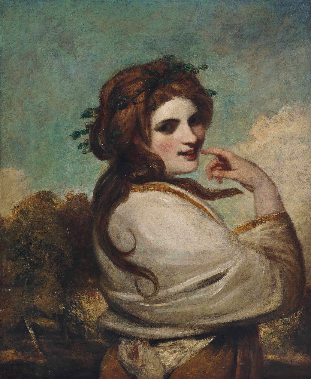 Retrato de Emma, Lady Hamilton, como una Bacante, medio cuerpo, con un vestido amarillo y un chal blanco, en un paisaje de Joshua Reynolds