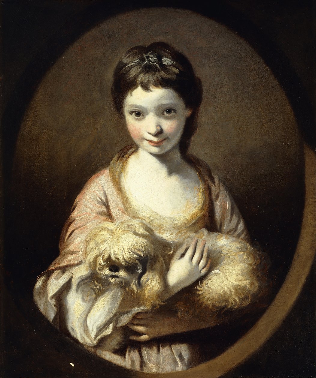 Retrato de la Srta. Emilia Vansittart, medio cuerpo, vistiendo un Vestido Rosa y Blanco sosteniendo un Perro, c.1767-68 de Joshua Reynolds