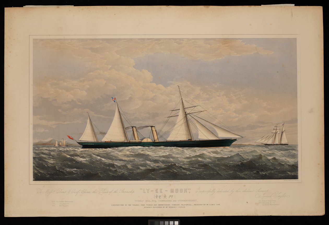 A Messrs Dent  Co de China, este grabado del buque de vapor Ly-Ee-Moon, Norman Hill, Esqr Commander.... construido por la Thames Iron Works and Shipbuilding Company, Blackwall...,, c.1860 (litografía, coloreada) de Josiah Taylor