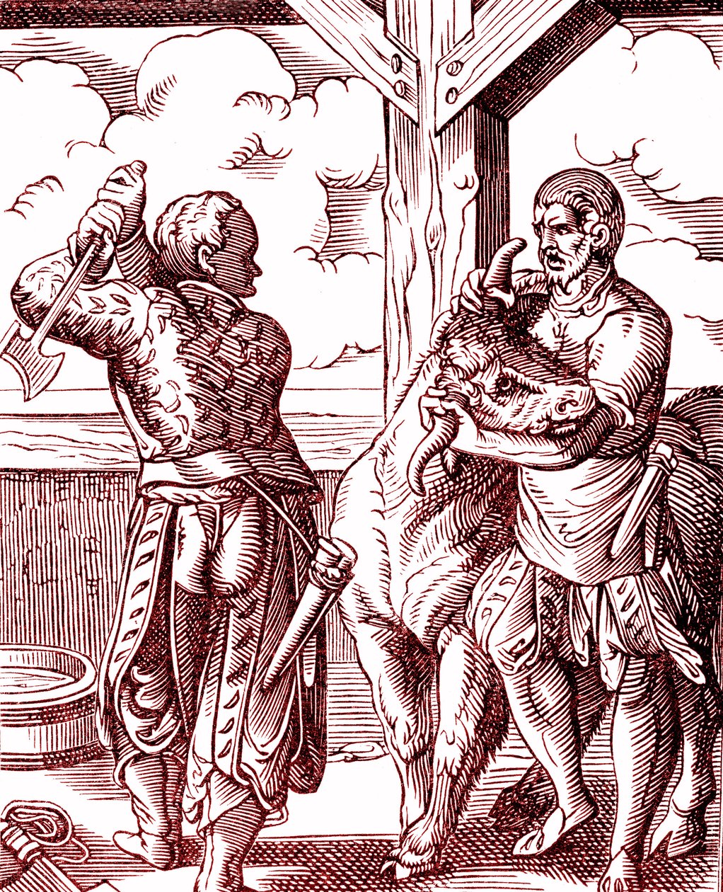 Un carnicero - Comida y cocina en la Edad Media. Grabado de Jost Amman (1539-1591). Grabado de 1878 de Jost (after) Amman