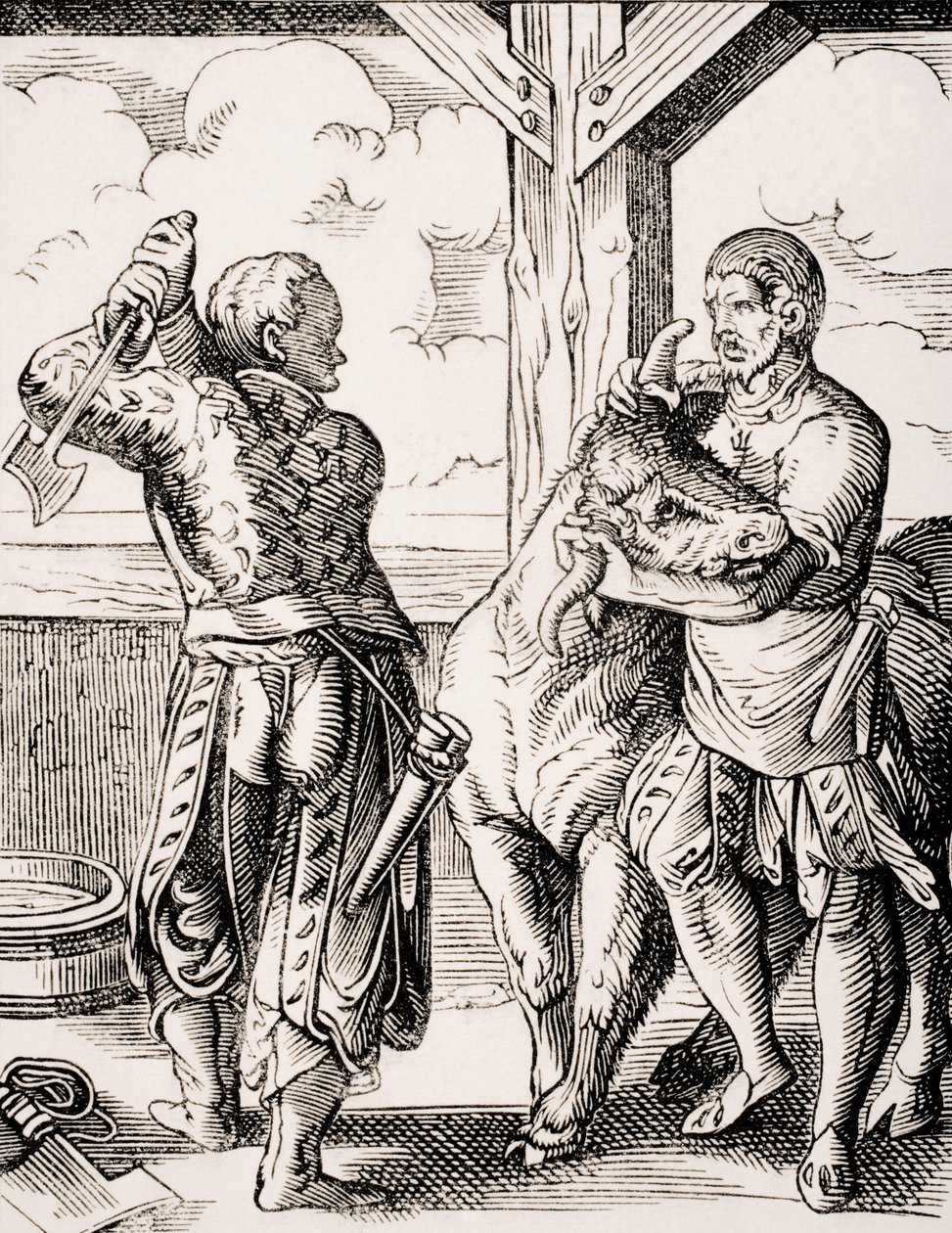El carnicero y su ayudante, reproducción de un grabado del siglo XVI de Jost Amman (1539-91) extraído de "Le Moyen Age et La Renaissance" de Paul Lacroix (1806-84) publicado en 1847 (litografía). de Jost (after) Amman