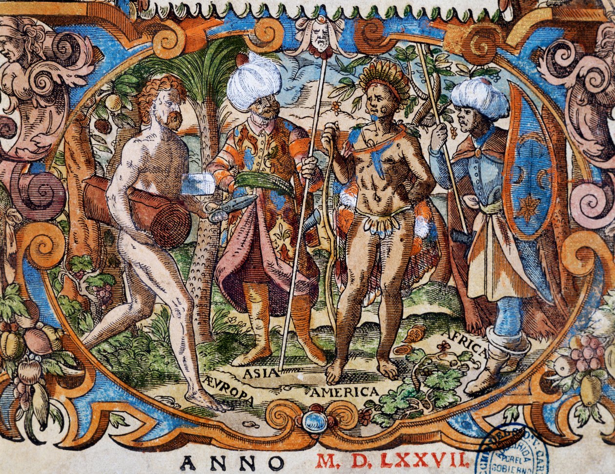 Cuatro continentes, detalle de la portada, grabado por Jost Amman (1539-1591) de Jost Amman
