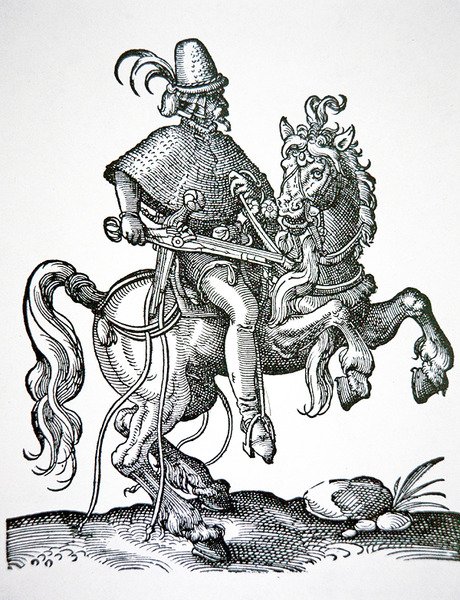 Soldado a caballo con pistola de rueda, ilustración de 