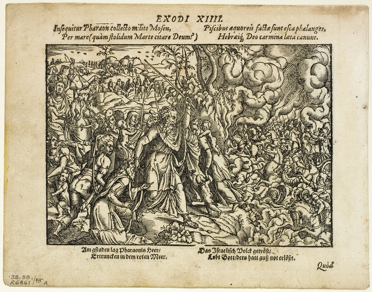 El paso del Mar Rojo (recto) y El entierro de Jacob (verso) de Neuwe Biblische Figuren, placa 48 de Xilografías de libros del siglo XVI de Jost Amman