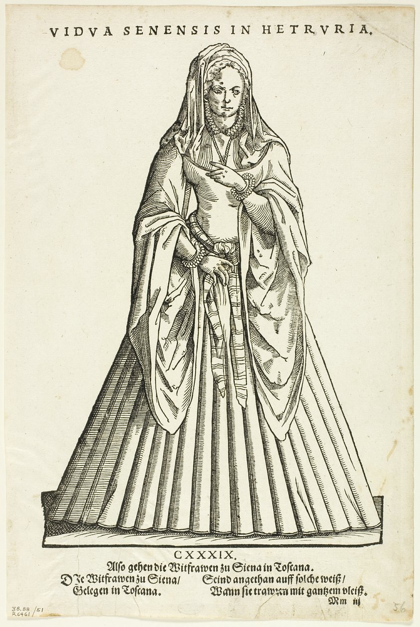 Vidua Senensis in Hetruria (Viuda de Siena en Toscana) del Trachtenbuch de H. Weigel, lámina 51 de xilografías de libros del siglo XVI de Jost Amman