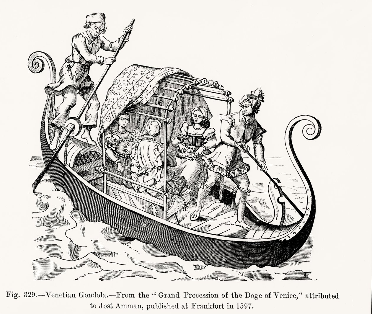 Góndola Veneciana, de la Gran Procesión del Dux de Venecia, ilustración de Ciencia y Literatura en la Edad Media y el Renacimiento, grabado por Paul Lacroix, 1878 de Jost (after) Amman