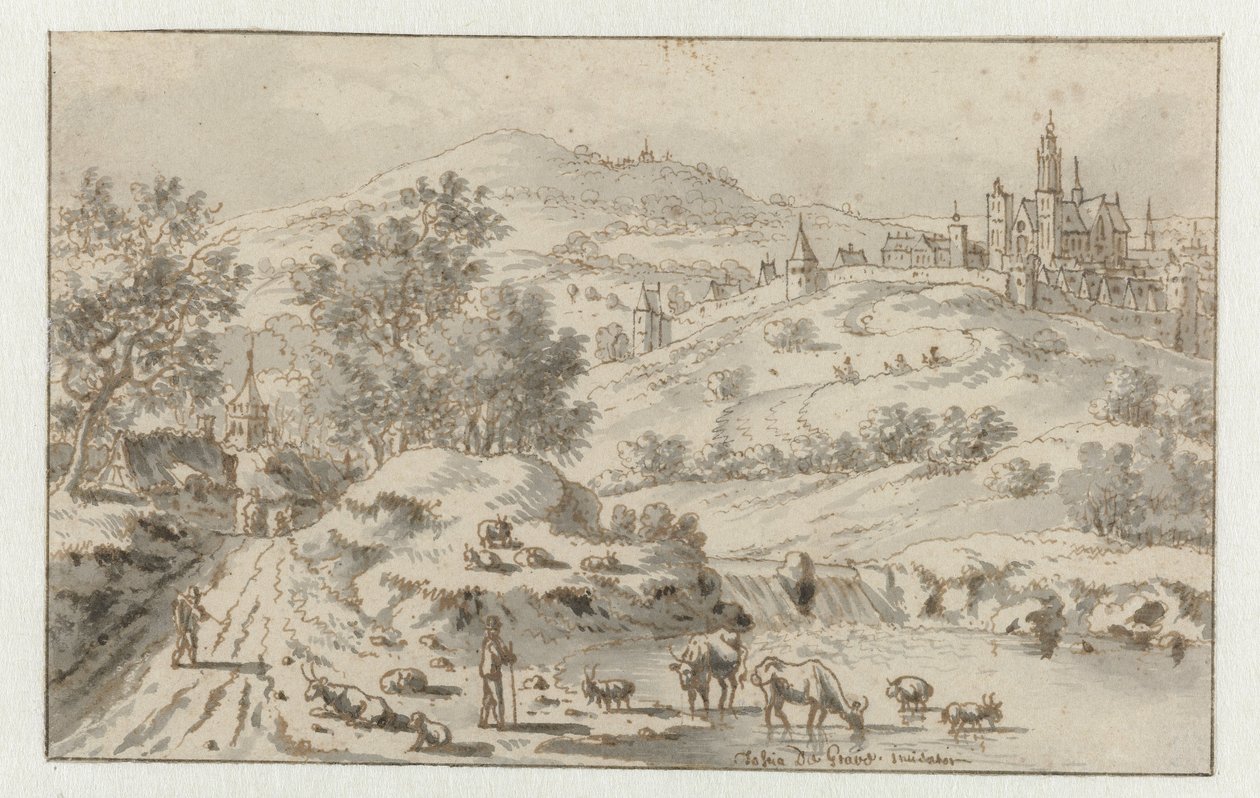 Paisaje montañoso con un pueblo en una colina de Josua de Grave