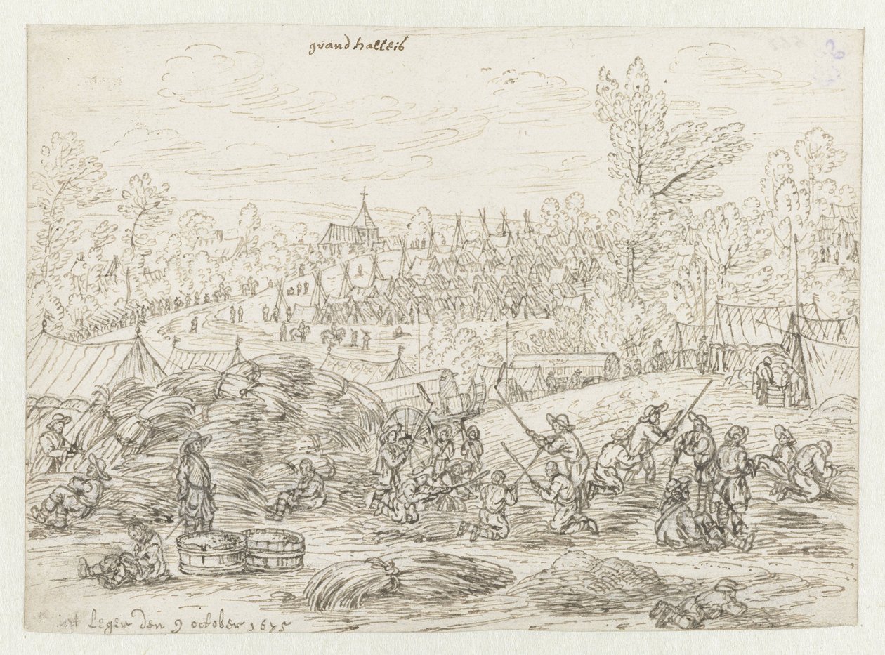 Vista de un campamento del ejército de Willem III cerca de Grand-Hallet, Lieja de Josua de Grave