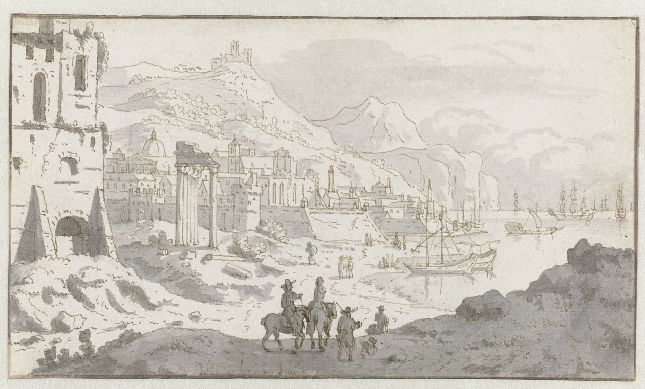 Vista de un puerto italiano imaginario de Josua de Grave