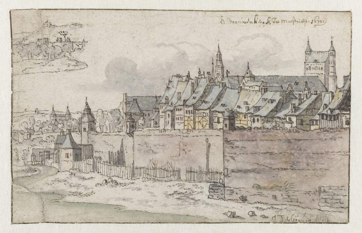 Vista de las murallas de Maastricht con la Onze-Lieve-Vrouwekerk al fondo de Josua de Grave