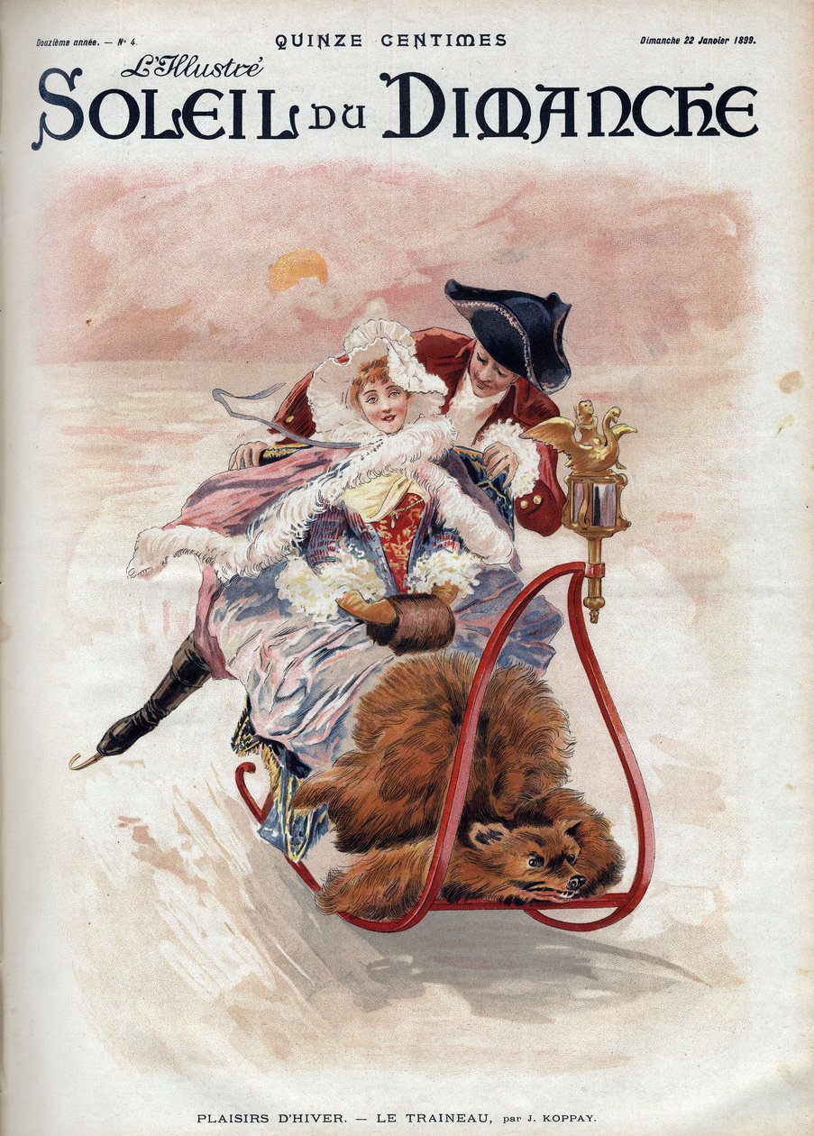 Diversión de invierno: trineo. Una pareja elegante en trineo y patinaje sobre hielo deslizándose sobre la nieve. Según J. Koppay. Grabado en “Le soleil-du-dimanche”, 22 de enero de Joszi Arpad Koppay