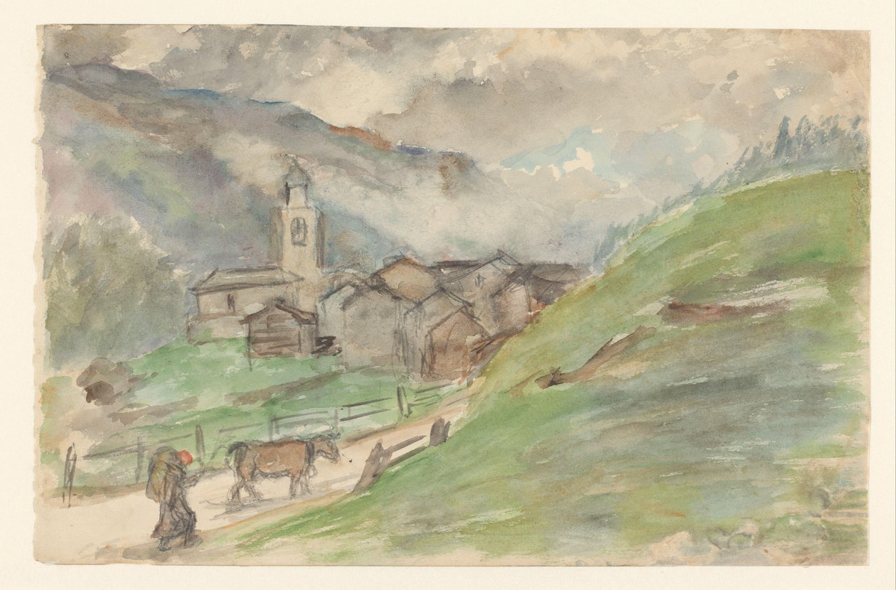 Pueblo de montaña con iglesia de Jozef Israëls