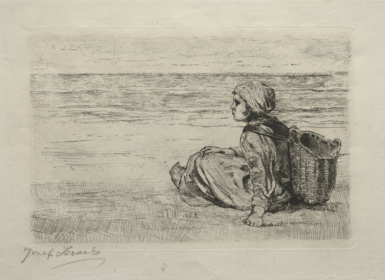 Niña con cesta sentada en la orilla de Jozef Israëls