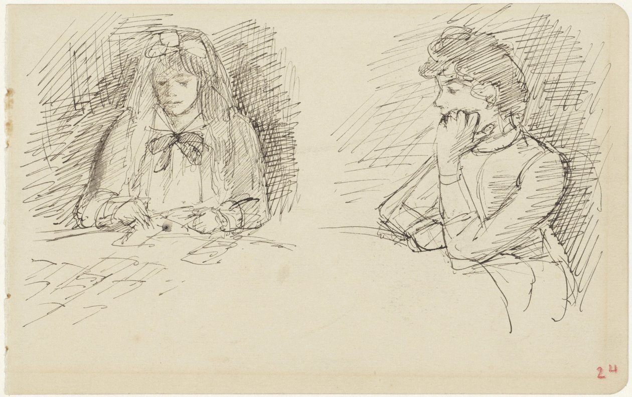 Dos estudios de una mujer sentada a una mesa de Jozef Israëls