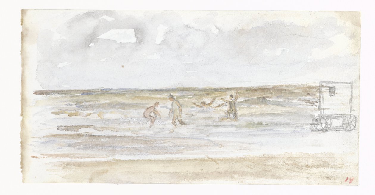 Bañistas en el mar y un autocar de playa de Jozef Israëls