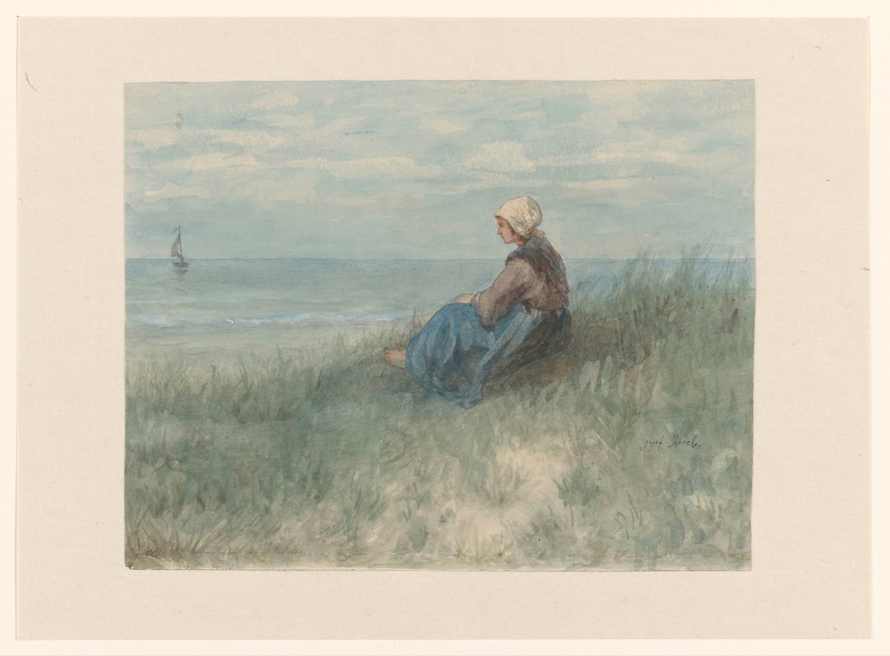 Una mujer sentada en una duna mirando al mar de Jozef Israëls