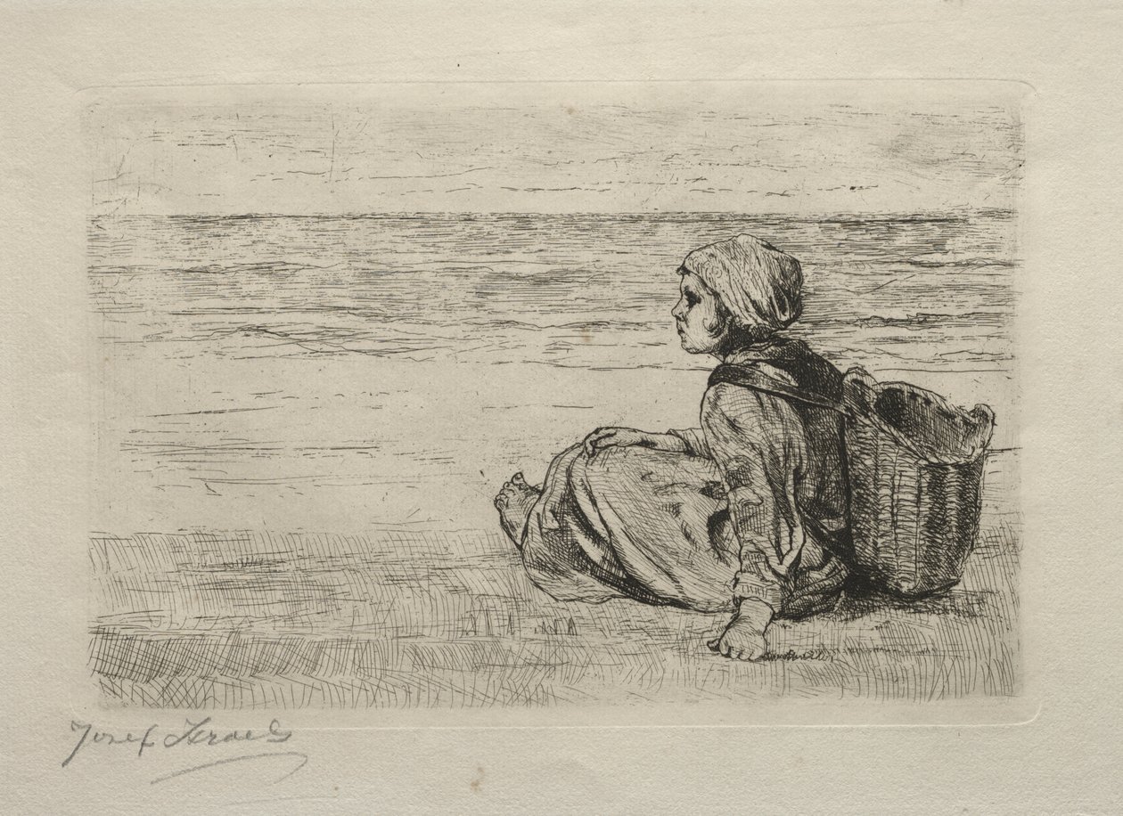 Niña con cesta sentada en la orilla de Jozef Israëls