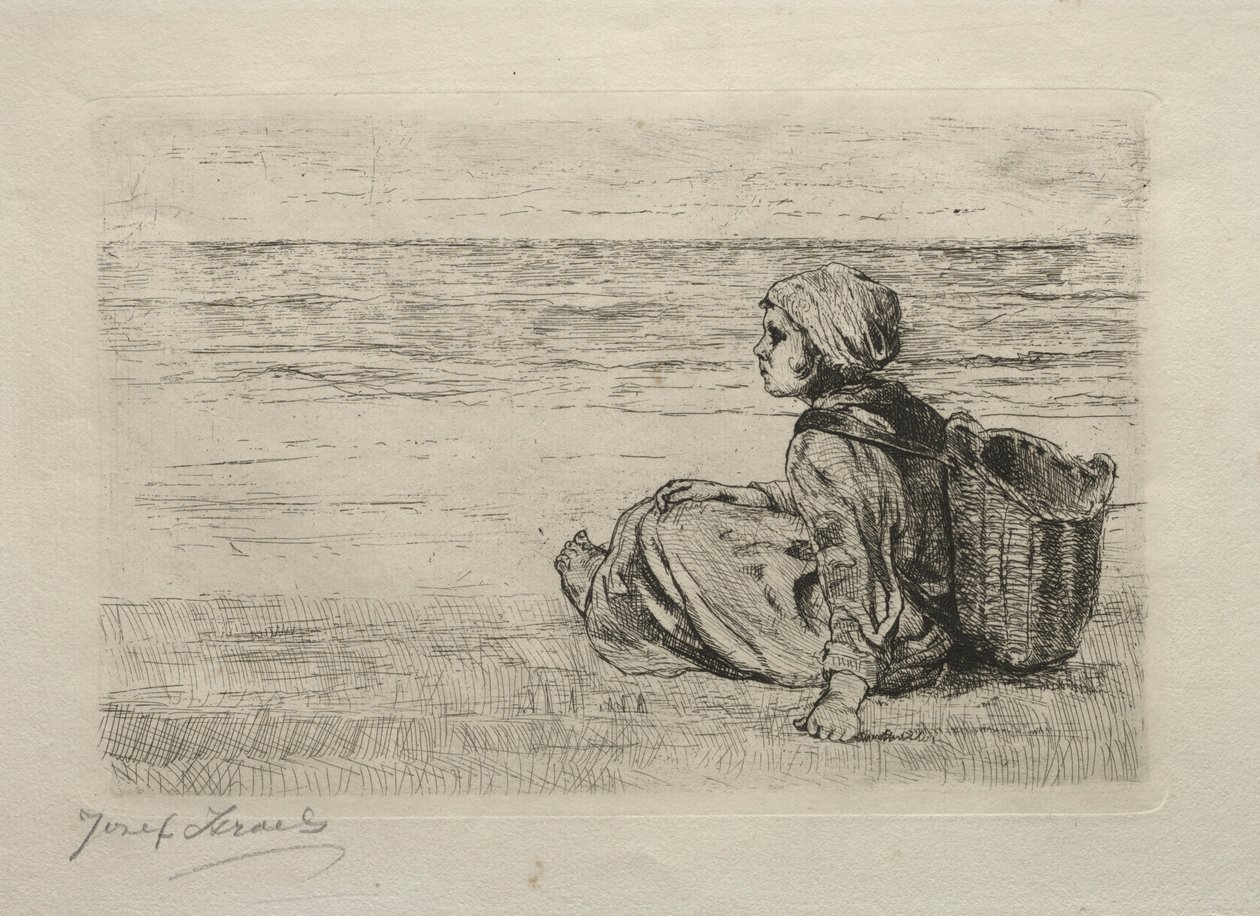 Niña con cesta sentada en la orilla de Jozef Israëls