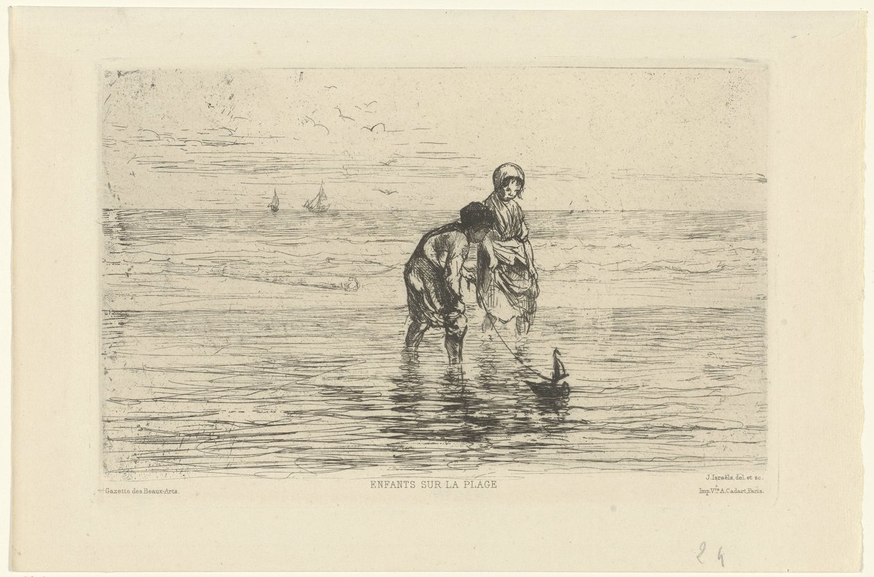 Niños jugando con un bote en la playa Enfants sur la plage (título sobre objeto) de Jozef Israëls