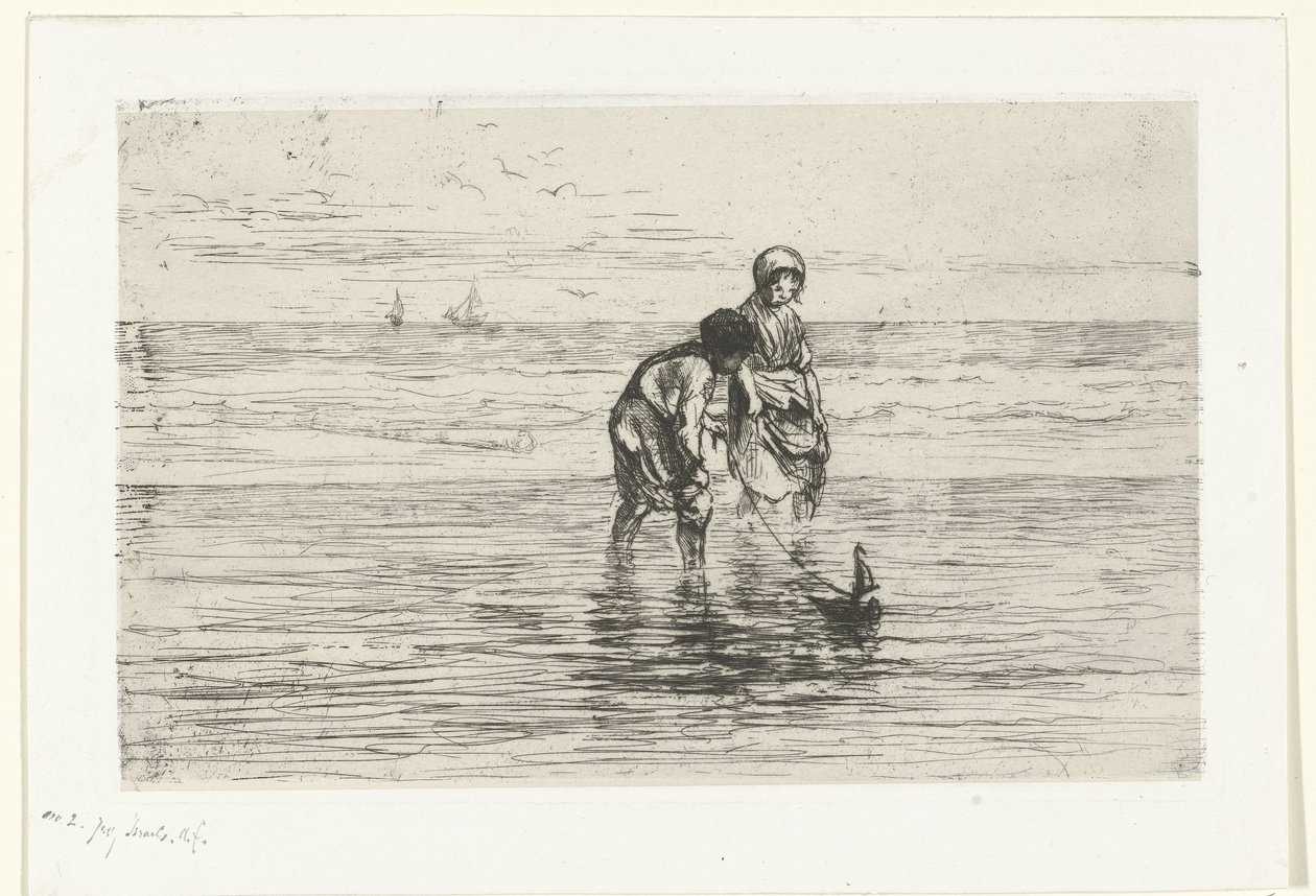 Niños jugando con un bote en la playa de Jozef Israëls
