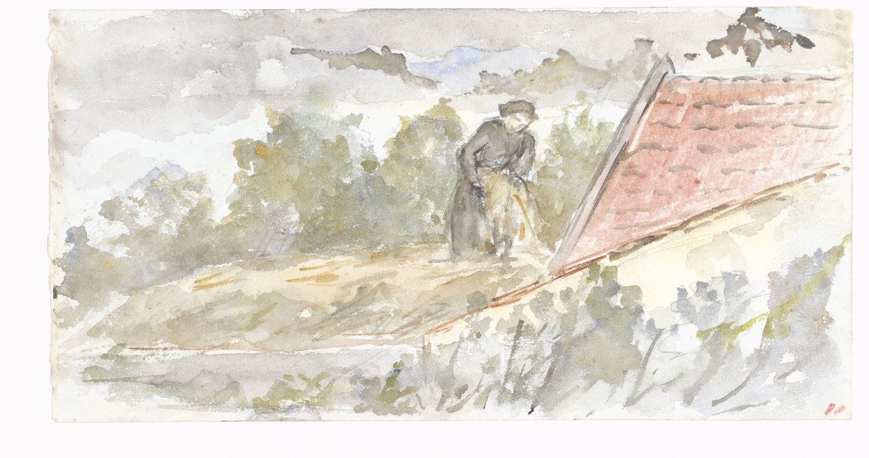 Paisaje con mujer y tejado de una casa de Jozef Israëls