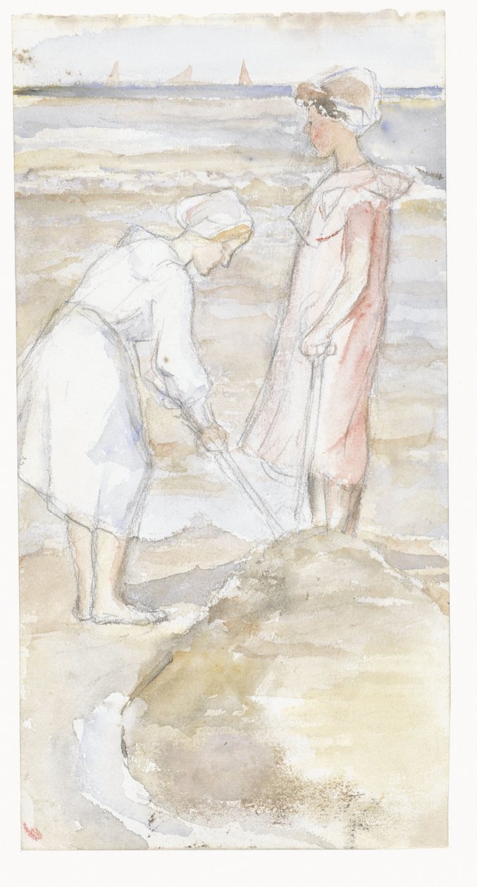 Dos chicas de rosa y blanco en la playa de Jozef Israëls