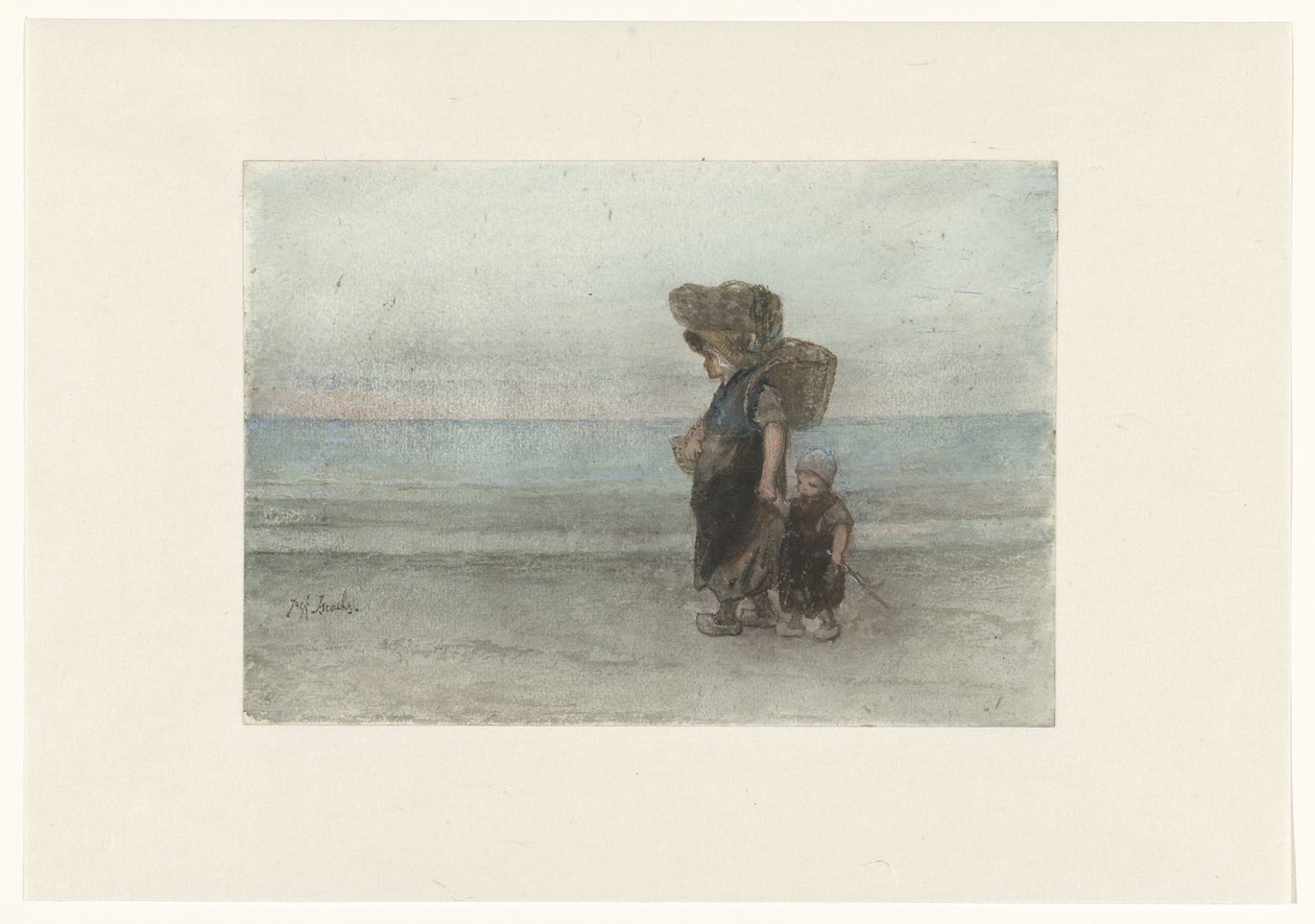 Mujer con niño, caminando por la playa de Jozef Israëls