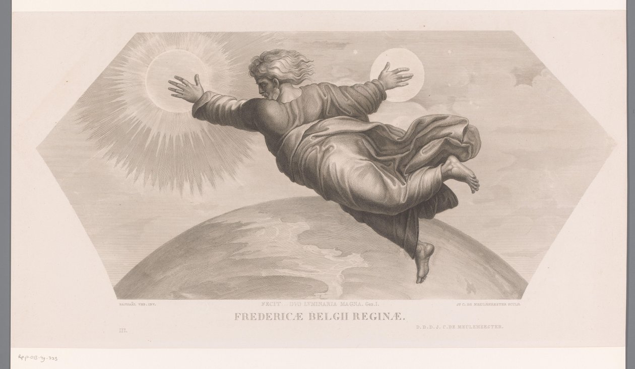 Dios crea el sol y la luna
Fecit duo luminaria magna. gen. I. Fredericae Belgii reginae (título en el objeto)
Les loges de Raphaël (...) sujets de la bible (título de la serie)
Escenas bíblicas de las logias de Rafael (título de la serie) de Jozef Karel De Meulemeester