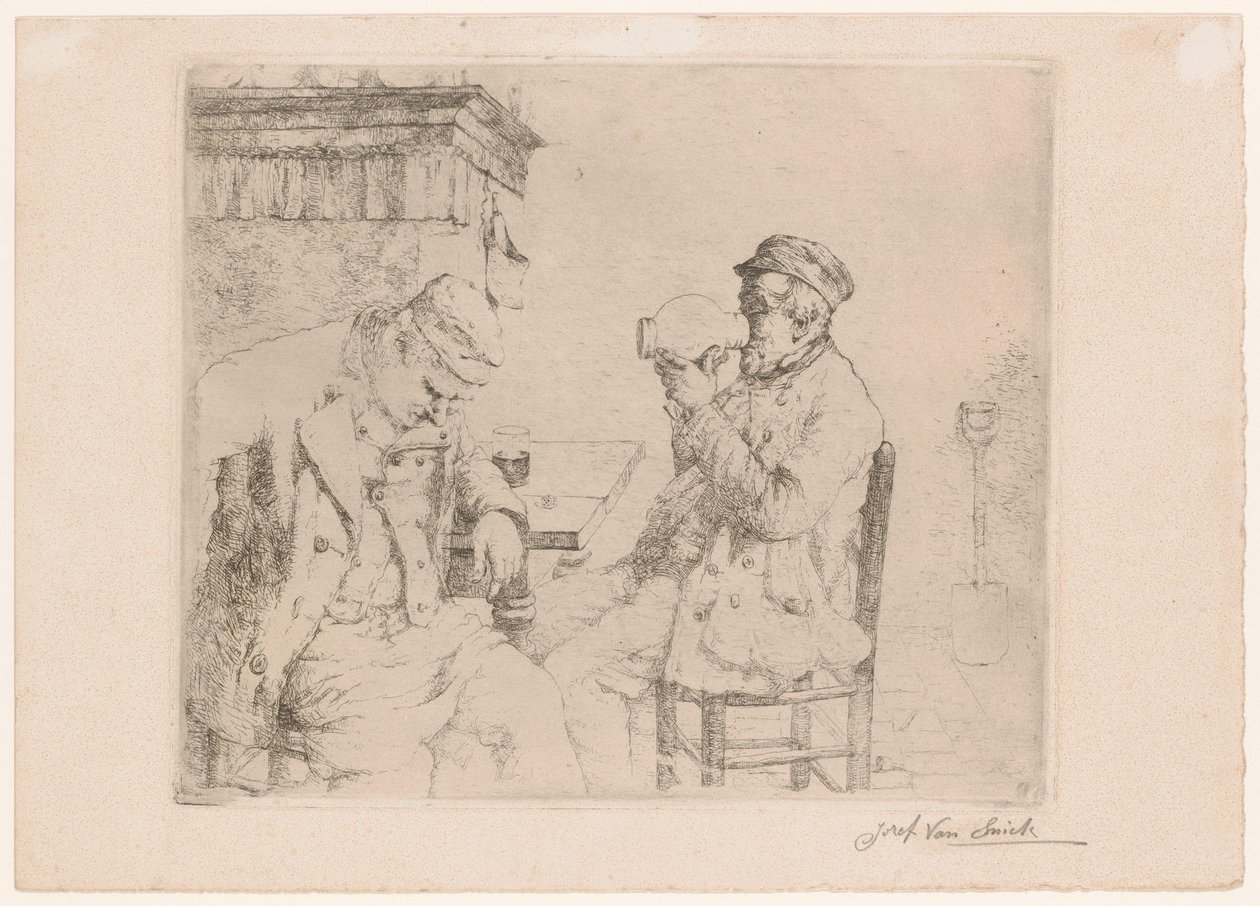 Dos hombres bebiendo en una mesa junto a una chimenea de Jozef van Snick