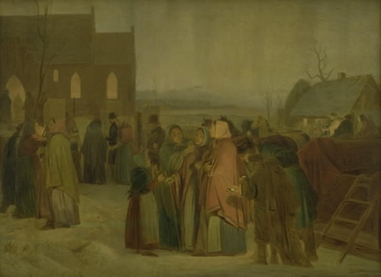 Campesinos fuera de la iglesia en una mañana de Navidad de Jørgen V. Sonne